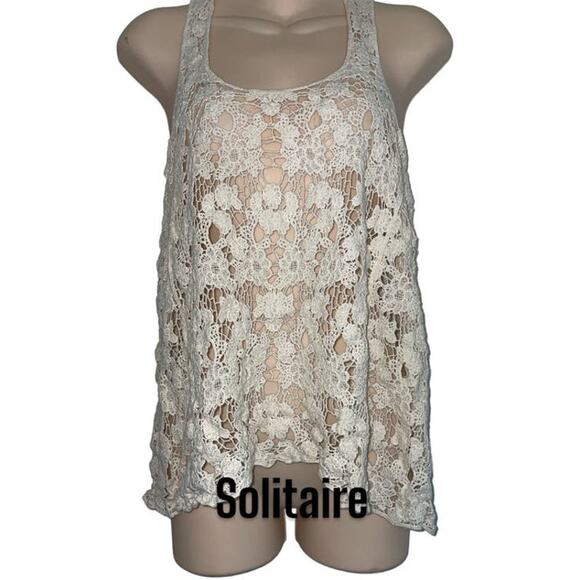 Solitaire Ivory Embroidered Lace Racerback Tank Top Medium - Picture 2 of 6